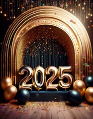 A grand balloon arch in black and gold with large '2025' numbers, set against a party backdrop with confetti