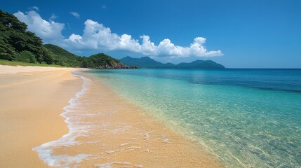 Obraz premium Serene Tropical Beach Scene Under Blue Sky