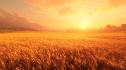 Obraz premium Golden Wheat Field Sunset Mountain Landscape