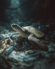 Obraz premium sea turtle navigating through underwater debris, spotlighting the impact of ocean pollution