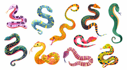 Obraz premium Illustration set of snakes in various poses with colorful dots and stripes