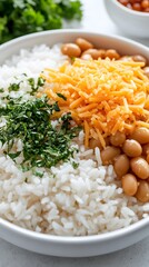 Food, Rice and Beans With Cheese, on White Background, Photo Realistic, Wallpaper, Cover and Screen for Smartphone, PC, Laptop, 9:16 and 16:9 Format