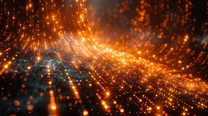 Fototapeta premium Glowing particles create a mesmerizing wave of light on a dark surface during twilight moments. Generative AI