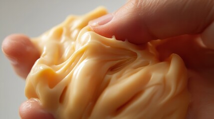 Close-up of hands pressing into soft therapy putty, showcasing the flexible texture and malleability of the material used for rehabilitation exercises and stress relief.