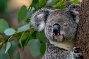 Obraz premium A baby koala is standing on a tree branch