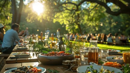 Sunny outdoor garden party with friends enjoying a delicious meal.