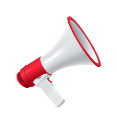 Bullhorn device ready to speak realistic vector illustration. Powerful loudspeaker for audio messages 3d model on white background