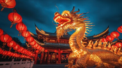 Fototapeta premium A vibrant dragon sculpture illuminated among traditional lanterns and architecture at dusk.