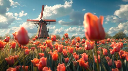 Sunny Dutch windmill in vibrant red tulip field.
