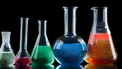 Five Laboratory Flasks with Colored Liquids