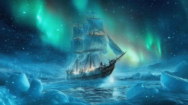 A majestic ship navigates icy waters under a vibrant aurora borealis.