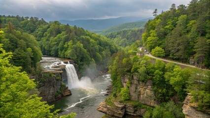 Stunning View of Lower Linville Falls and Gorge in North Carolina's Wilderness. Generative AI