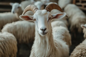 Obraz premium A white goat with horns stands in a herd of sheep