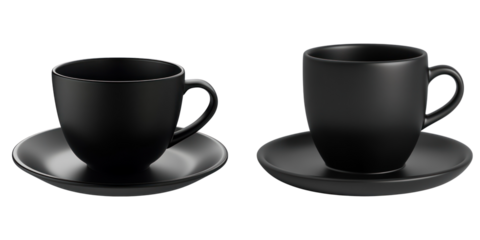 Black empty coffee cup placed on a saucer isolated on transparent background, Set of