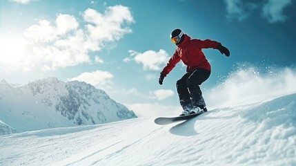 A Man High-Speed Snowboarding with Stunning Mountain Backdrop
