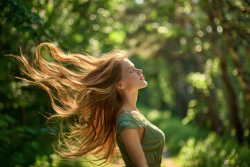 Naklejka premium Close-up of a beautiful blonde young woman with blowing hair, Alone Young woman with long fluttering hair express emotions in forest.