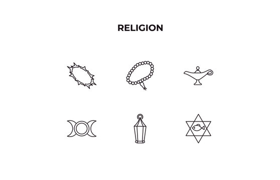 fully editable outline icon collection from religion concept. thin line icons set such as crown of thorns, prayer beads, arabian magic lamp, arabic lamp, inclined fish,