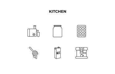 fully editable outline icon collection from kitchen concept. thin line icons set such as juicer, jar, muffin pan, milk, coffee hine,