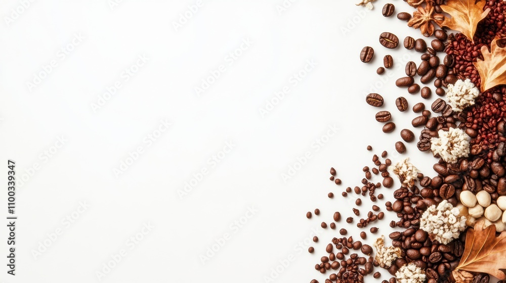 Leinwandbilder different coffee beans are arranged on a white background, creating an appealing layout perfect for 