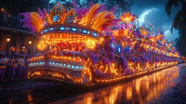 Glowing Mardi Gras float in nighttime parade  
