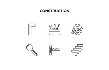 fully editable outline icon collection from construction concept. thin line icons set such as hex key, tool box, wrench and gear, road barrier, paver,