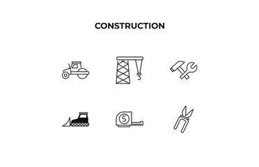 fully editable outline icon collection from construction concept. thin line icons set such as steamroller, derrick facing right, constructions, five meters ruler, inclined clippers,