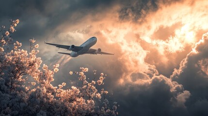 Naklejka premium Airplane soaring through dramatic sky at sunset 