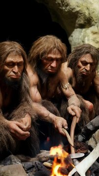 Neanderthal men with tools in their hands gathered around a fire in a prehistoric cave