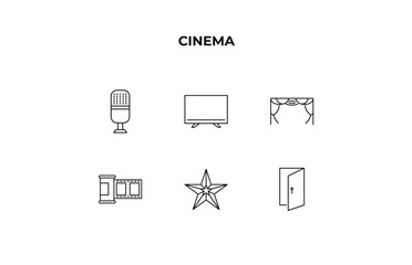 Obraz premium fully editable outline icon collection from cinema concept. thin line icons set such as studio mic, flat tv, cinema curtains, famous cinema star, doorway,