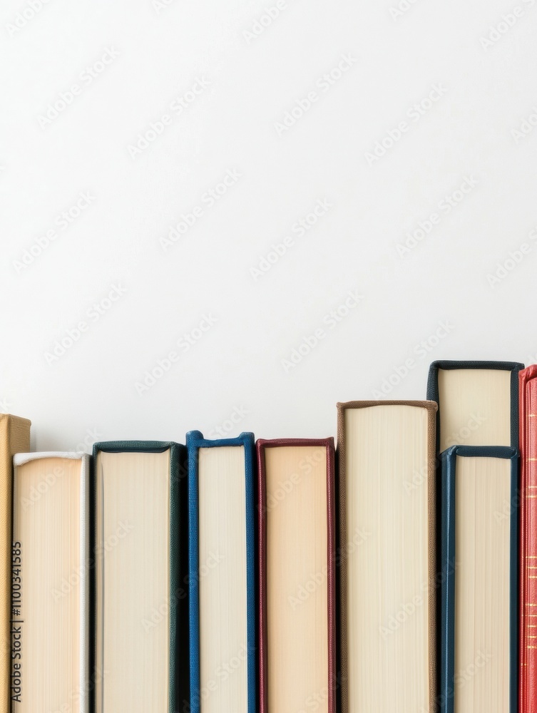 Poster a collection of books representing various genres sits side by side, showcasing their diverse spines