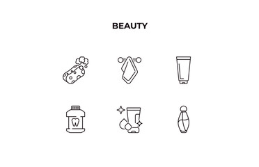 fully editable outline icon collection from beauty concept. thin line icons set such as bath sponge, folded towel, cream tube, face cleanser, french perfume,