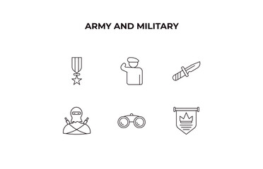 fully editable outline icon collection from army and military concept. thin line icons set such as militaty medal, salute, military knife, binoculars, patriot,