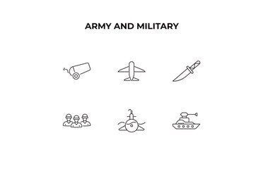 fully editable outline icon collection from army and military concept. thin line icons set such as canon, plane, combat knife, submarine front view, militar ship,