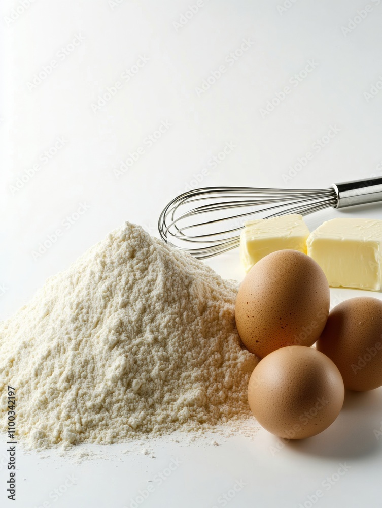Poster Flour, eggs, and butter are neatly arranged with a whisk on a white surface, providing a perfect setup for baking recipes and ideas. Generative AI
