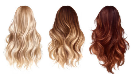 Fototapeta premium Three examples of wavy hairstyles in blonde, light brown, and dark auburn shades displayed on white or transparent background.