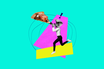 Composite photo collage of anonym girl run instead head mouth bite hold photo camera pizza cadre...