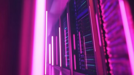Neon lit data center server room. Technology background