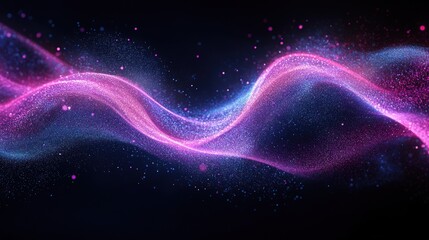 Obraz premium Abstract glowing pink and blue wave particles on dark background.