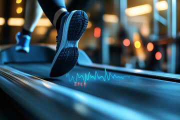 Conceptual image of a person running on a treadmill with visible heart arrhythmia displayed as an ECG line.