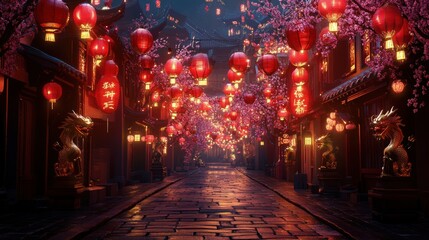 Fototapeta premium A vibrant street adorned with red lanterns and cherry blossoms, evoking a festive atmosphere.