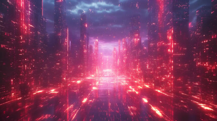 Fototapeta premium Cyberpunk Cityscape 3D Render: Neon Lights and Glowing Buildings