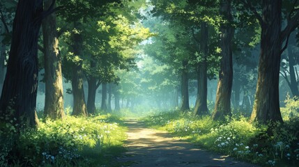 Obraz premium Sunlit Path Through A Lush Green Forest