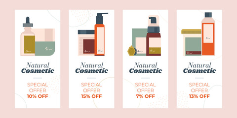 Cosmetics social media vertical banner. Beauty sale promotion. Natural skin care products in jars and bottles. Flat vector ad background in flat minimalistic style.