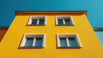 Obraz premium A vibrant yellow building with four windows, set against a clear blue sky showcasing a modern architectural style
