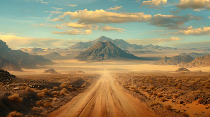 Desert Landscape Illustration: Dusty Road to Volcanic Mountains
