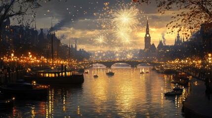 Naklejka premium A vibrant sunset scene with fireworks over a cityscape and river, showcasing festive ambiance.