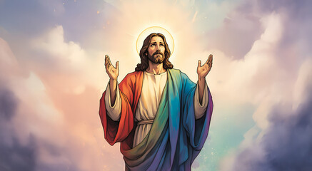 Obraz premium Rainbow Color Robe Jesus Christ with Halo, Religion Religious Image, Bright & Colorful 