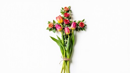 Beautifully crafted flower cross symbolizing Easter celebration with vibrant tulips and roses adorned with greenery, capturing spring's essence and renewal