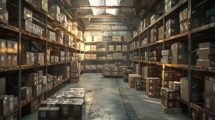 Fototapeta premium Sunlit warehouse interior filled with cardboard boxes on metal shelving.