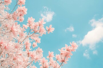 A tree with pink flowers is in front of a blue sky